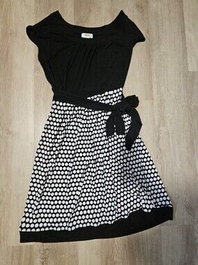 Talbots Petite 14 Black White Polka Dot Dress Tie Waist Midi Business Casual